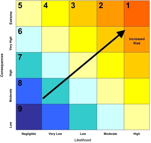 Title: Environmental Risk Matrix - Description: Figure showing the environmental risk matrix used to assign a risk ranking for malfunctions and accidents, as described in text on the same page (section 8.1).
