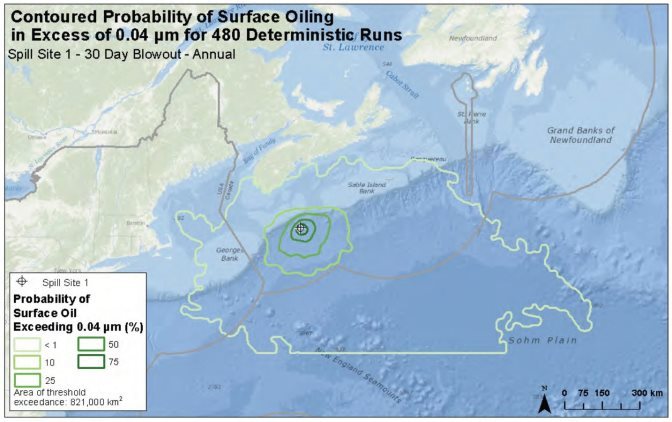 Figure 8 is a map that shows contours representing the modeled extent of sea surface oiling resulting from a blowout at model site 1. The contours represent the percent probability of oil reaching a given contour. Contours are shown for less than 1 percent, 10 percent, 25 percent, 50 percent and 75 percent.