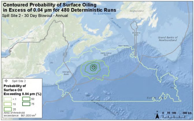 Figure 9 is a map that shows contours representing the modeled extent of sea surface oiling resulting from a blowout at model site 2. The contours represent the percent probability of oil reaching a given contour. Contours are shown for less than 1 percent, 10 percent, 25 percent, 50 percent and 75 percent.
