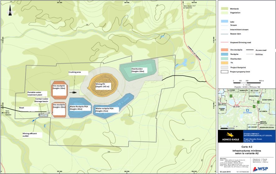 Figure 6: Alternative A2?location and configuration of the waste rock, unconsolidated deposit and ore storage areas