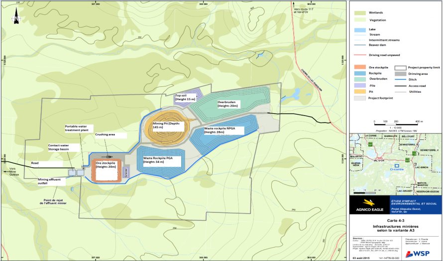 Figure 7: Alternative A3? location and configuration of the waste rock, unconsolidated deposit and ore storage areas