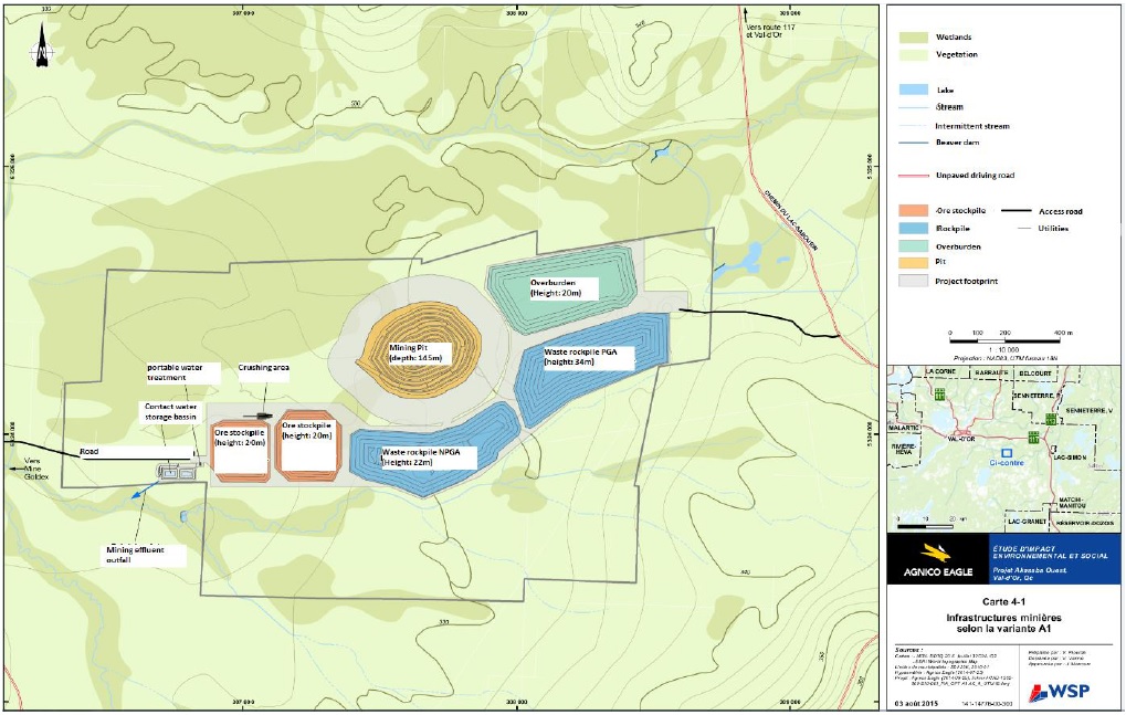 Figure 5: Alternative A1-location and configuration of the waste rock, unconsolidated deposit and ore storage areas
