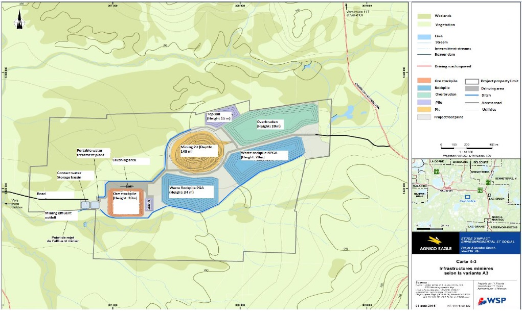 Figure 7: Alternative A3- location and configuration of the waste rock, unconsolidated deposit and ore storage areas