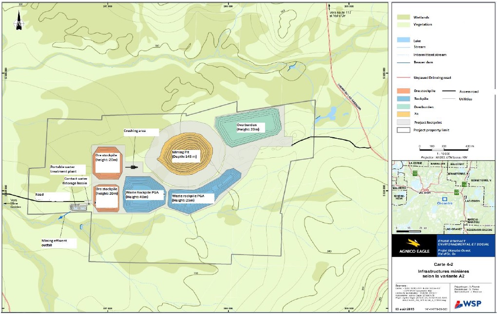 Figure 6: Alternative A2-location and configuration of the waste rock, unconsolidated deposit and ore storage areas