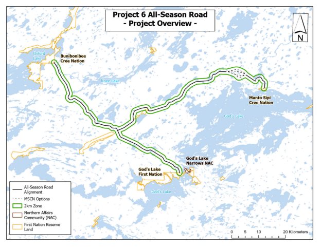 The project is a 2-lane gravel public highway consisting of three sections of intersecting road totalling approximately 141 km located on the east side of Lake Winnipeg, Manitoba