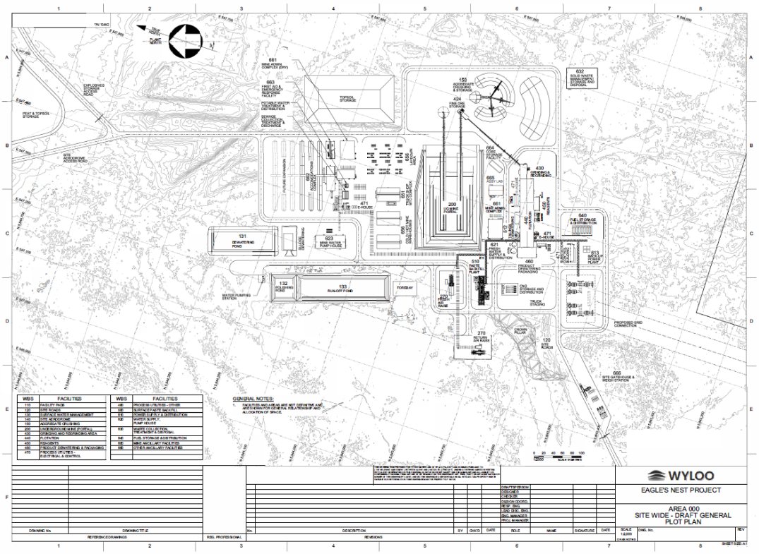 Draft general plot plan of the proposed Eagle's Nest Mine site showing the overall layout of major facilities, including the underground mine portal, processing plant, waste rock and ore storage areas, water management ponds, power plant, site access road, and supporting infrastructure.