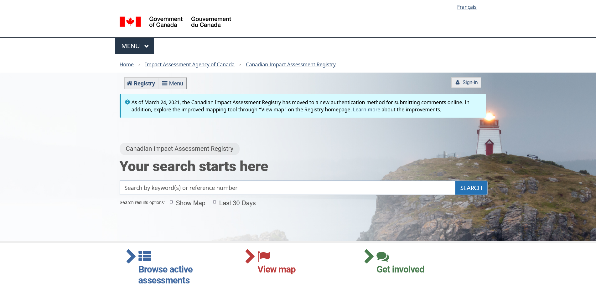 A screen capture of the Registry home page. At the bottom from left to right are the buttons, which read “Search active assessments”, “View map”, and “Get involved”.